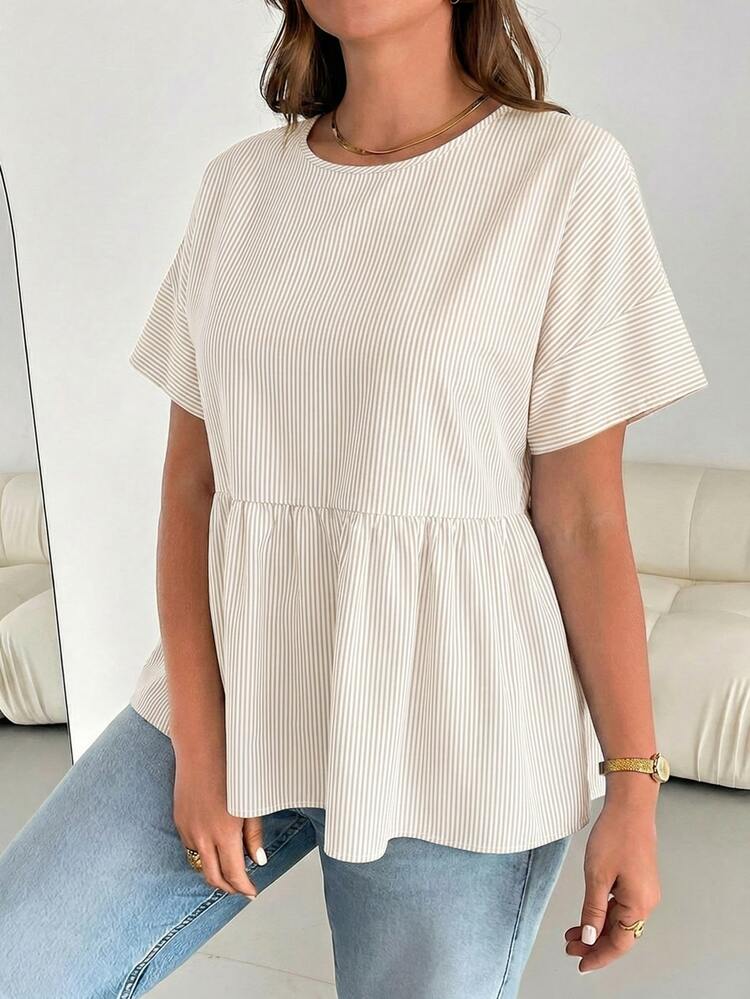 Shapeblank Plus Size Women's Striped Short-Sleeved Summer Casual Everyday Loose Comfortable Blouse, Simple Style Curve Cute Fashion - Apricot - View 4
