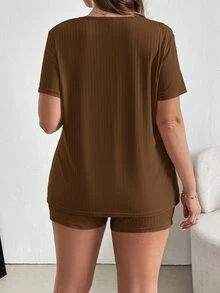 Shapeblank Plus Solid Short Sleeve Split Hem Tee & Shorts - Brown - View 3
