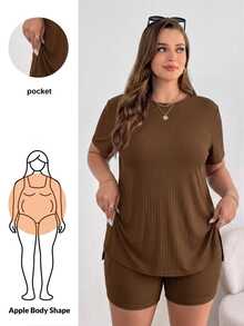 Shapeblank Plus Solid Short Sleeve Split Hem Tee & Shorts - Brown - View 2