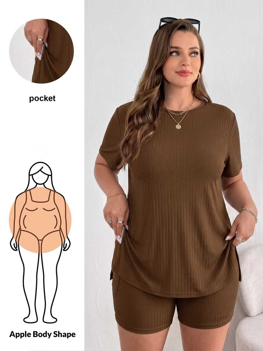 Shapeblank Plus Solid Short Sleeve Split Hem Tee & Shorts