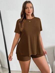 Shapeblank Plus Solid Short Sleeve Split Hem Tee & Shorts - Brown - View 8
