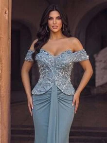 Glamrae Plus Size Elegant Luxurious Blue Beaded Sequin Floral Design Patchwork Off Shoulder Elastic Knit Ruched Mermaid Skirt, Suitable For Wedding, Party, Bachelor Party, Vacation, Dance, Evening Gala Dress (Heavy Workmanship Style) - Blue - View 1