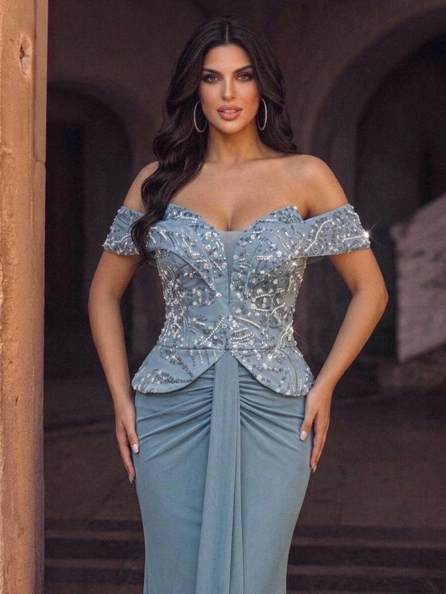 Glamrae Plus Size Elegant Luxurious Blue Beaded Sequin Floral Design Patchwork Off Shoulder Elastic Knit Ruched Mermaid Skirt, Suitable For Wedding, Party, Bachelor Party, Vacation, Dance, Evening Gala Dress (Heavy Workmanship Style) - Blue - View 1