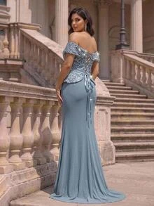 Glamrae Plus Size Elegant Luxurious Blue Beaded Sequin Floral Design Patchwork Off Shoulder Elastic Knit Ruched Mermaid Skirt, Suitable For Wedding, Party, Bachelor Party, Vacation, Dance, Evening Gala Dress (Heavy Workmanship Style) - Blue - View 5