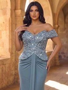 Glamrae Plus Size Elegant Luxurious Blue Beaded Sequin Floral Design Patchwork Off Shoulder Elastic Knit Ruched Mermaid Skirt, Suitable For Wedding, Party, Bachelor Party, Vacation, Dance, Evening Gala Dress (Heavy Workmanship Style) - Blue - View 3