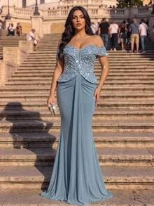 Glamrae Plus Size Elegant Luxurious Blue Beaded Sequin Floral Design Patchwork Off Shoulder Elastic Knit Ruched Mermaid Skirt, Suitable For Wedding, Party, Bachelor Party, Vacation, Dance, Evening Gala Dress (Heavy Workmanship Style) - Blue - View 6