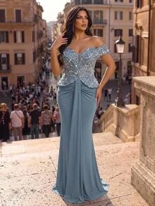 Glamrae Plus Size Elegant Luxurious Blue Beaded Sequin Floral Design Patchwork Off Shoulder Elastic Knit Ruched Mermaid Skirt, Suitable For Wedding, Party, Bachelor Party, Vacation, Dance, Evening Gala Dress (Heavy Workmanship Style) - Blue - View 4
