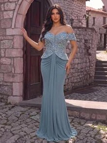 Glamrae Plus Size Elegant Luxurious Blue Beaded Sequin Floral Design Patchwork Off Shoulder Elastic Knit Ruched Mermaid Skirt, Suitable For Wedding, Party, Bachelor Party, Vacation, Dance, Evening Gala Dress (Heavy Workmanship Style) - Blue - View 2