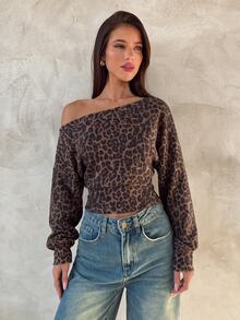 Aloruh Autumn/Winter Sexy Versatile Leopard Print Asymmetrical Shoulder Loose Top Tight Bottom Long Sleeve Women's Top, Autumn Leopard Print T-Shirt - Brown - View 3