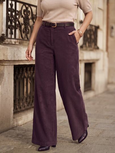 Juhart Fashionable Elegant Minimalist Corduroy Wide Leg Pants With Pockets, OL Style, Plus Size Winter