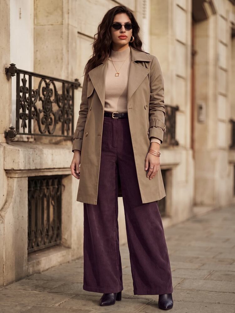 Juhart Fashionable Elegant Minimalist Corduroy Wide Leg Pants With Pockets, OL Style, Plus Size Winter - Purple - View 5
