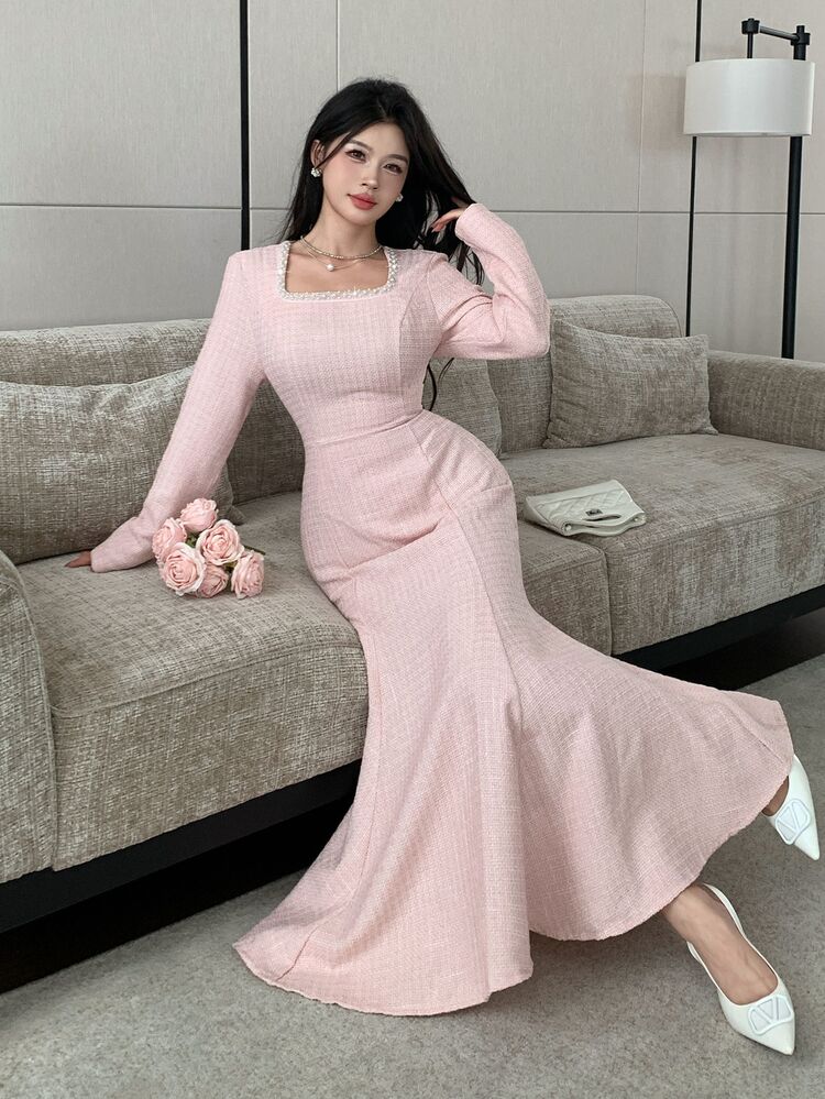 Modelyn Elegant Romantic Square Neck Pearl Embellished Long Sleeve Fitted Mermaid Dress Wedding Tea Party Date Light Pink Autumn - Pink - View 5