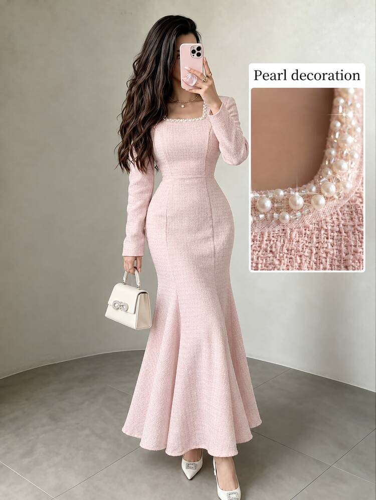 Modelyn Elegant Romantic Square Neck Pearl Embellished Long Sleeve Fitted Mermaid Dress Wedding Tea Party Date Light Pink Autumn - Pink - View 1