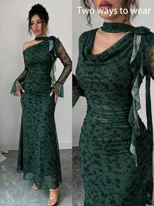 Modelyn Women's Dark Green Ruffle Long Sleeve Cowl Neck Ribbon 3D Floral Mesh Print Fitted Dress Wedding Party Night Dinner Autumn Elegant - Dark Green - View 7