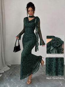 Modelyn Women's Dark Green Ruffle Long Sleeve Cowl Neck Ribbon 3D Floral Mesh Print Fitted Dress Wedding Party Night Dinner Autumn Elegant - Dark Green - View 6