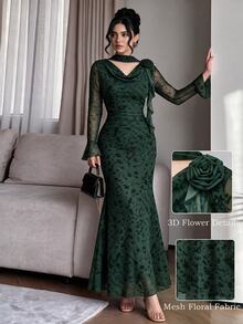 Modelyn Women's Dark Green Ruffle Long Sleeve Cowl Neck Ribbon 3D Floral Mesh Print Fitted Dress Wedding Party Night Dinner Autumn Elegant - Dark Green - View 1