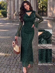 Modelyn Women's Dark Green Ruffle Long Sleeve Cowl Neck Ribbon 3D Floral Mesh Print Fitted Dress Wedding Party Night Dinner Autumn Elegant - Dark Green - View 3