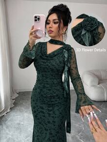 Modelyn Women's Dark Green Ruffle Long Sleeve Cowl Neck Ribbon 3D Floral Mesh Print Fitted Dress Wedding Party Night Dinner Autumn Elegant - Dark Green - View 5
