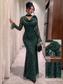 Modelyn Women's Dark Green Ruffle Long Sleeve Cowl Neck Ribbon 3D Floral Mesh Print Fitted Dress Wedding Party Night Dinner Autumn Elegant - Dark Green - View 4