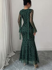 Modelyn Women's Dark Green Ruffle Long Sleeve Cowl Neck Ribbon 3D Floral Mesh Print Fitted Dress Wedding Party Night Dinner Autumn Elegant - Dark Green - View 2
