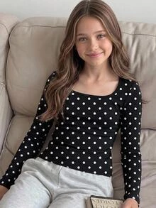 SHEIN 青少年女孩簡約舒適長袖上衣，秋冬季青少年女孩 - 黑色 - 查看 4