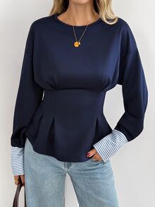 Easowa Colorblock Patchwork Cinched Waist Ruffle Hem Sweatshirt, Casual Relaxed Elegant Commuter Old Money Style Women's Sweatshirt For Autumn/Winter - Blue - View 4
