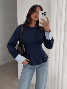 Easowa Colorblock Patchwork Cinched Waist Ruffle Hem Sweatshirt, Casual Relaxed Elegant Commuter Old Money Style Women's Sweatshirt For Autumn/Winter - Blue - View 1