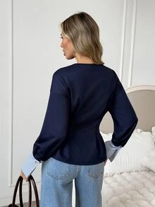 Easowa Colorblock Patchwork Cinched Waist Ruffle Hem Sweatshirt, Casual Relaxed Elegant Commuter Old Money Style Women's Sweatshirt For Autumn/Winter - Blue - View 6