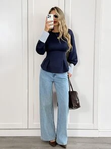 Easowa Colorblock Patchwork Cinched Waist Ruffle Hem Sweatshirt, Casual Relaxed Elegant Commuter Old Money Style Women's Sweatshirt For Autumn/Winter - Blue - View 5