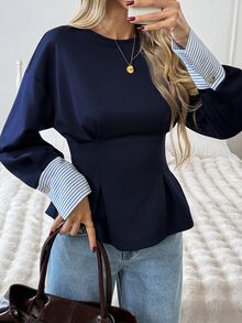 Easowa Colorblock Patchwork Cinched Waist Ruffle Hem Sweatshirt, Casual Relaxed Elegant Commuter Old Money Style Women's Sweatshirt For Autumn/Winter - Blue - View 2