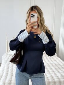 Easowa Colorblock Patchwork Cinched Waist Ruffle Hem Sweatshirt, Casual Relaxed Elegant Commuter Old Money Style Women's Sweatshirt For Autumn/Winter - Blue - View 3