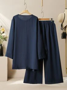 Lacomfia Women's Lace Patchwork Loose Casual Versatile Everyday Simple Plus Size 2 Pieces Set - Navy Blue - View 2