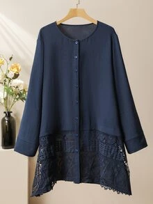 Lacomfia Women's Lace Patchwork Loose Casual Versatile Everyday Simple Plus Size 2 Pieces Set - Navy Blue - View 7