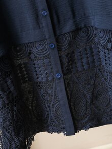 Lacomfia Women's Lace Patchwork Loose Casual Versatile Everyday Simple Plus Size 2 Pieces Set - Navy Blue - View 3