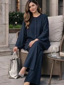 Lacomfia Women's Lace Patchwork Loose Casual Versatile Everyday Simple Plus Size 2 Pieces Set - Navy Blue - View 1