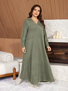 Lacomfia فستان نسائي مقاس كبير فضفاض كاجوال بياقة على شكل حرف V وأكمام طويلة من نسيج محبوك مضلع عالي المرونة - أخضر داكن - مشاهدة 7