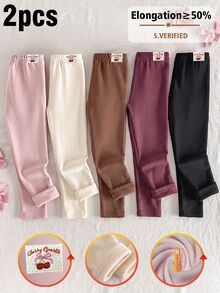 SHEIN Vintaside Kids 2件組女童秋冬新款櫻桃貼布腰帶保暖內裡磨毛底暖編織高彈力腰部緊身褲 - 深灰色 - 查看 1