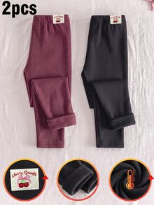 SHEIN Vintaside Kids 2件組女童秋冬新款櫻桃貼布腰帶保暖內裡磨毛底暖編織高彈力腰部緊身褲 - 深灰色 - 查看 3