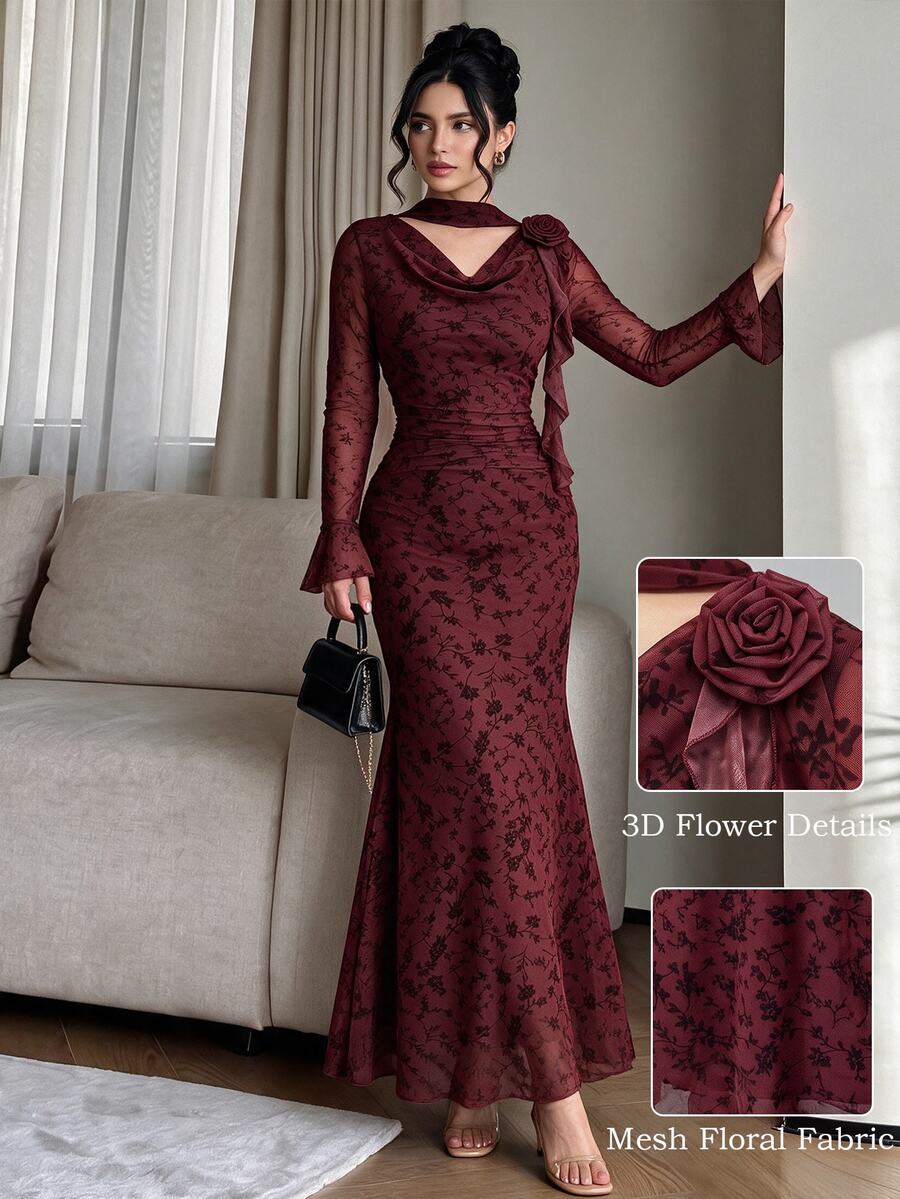 Modelyn 女款酒紅色荷葉邊長袖垂領蝴蝶結 3D 花朵網格印花修身洋裝,優雅長版派對洋裝 - 酒紅色 - 查看 1