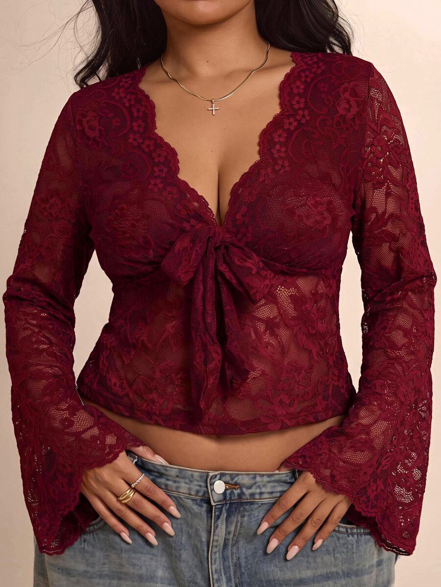 CovetEZ Herbst/Winter V-Ausschnitt Spitze Kontrastfarbe Glockenärmel Halloween Burgunder Lässig Rüschen Saum Damen Große Größen Top - Bordeaux - Übersicht 1