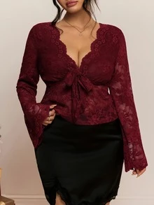CovetEZ Herbst/Winter V-Ausschnitt Spitze Kontrastfarbe Glockenärmel Halloween Burgunder Lässig Rüschen Saum Damen Große Größen Top - Bordeaux - Übersicht 4