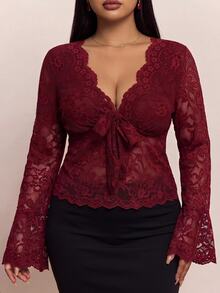 CovetEZ Herbst/Winter V-Ausschnitt Spitze Kontrastfarbe Glockenärmel Halloween Burgunder Lässig Rüschen Saum Damen Große Größen Top - Bordeaux - Übersicht 3