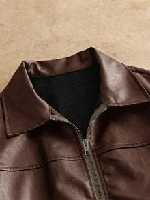 HIMLAND Men's Coffee Brown Western Style Polyurethane Jacket With Collar Long Drop Shoulder Sleeves And Zipper Details Vacation Father's Day Gifts, Spring, Letter, Outdoor - White - View 3
