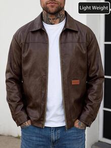 HIMLAND Men's Coffee Brown Western Style Polyurethane Jacket With Collar Long Drop Shoulder Sleeves And Zipper Details Vacation Father's Day Gifts, Spring, Letter, Outdoor - White - View 7