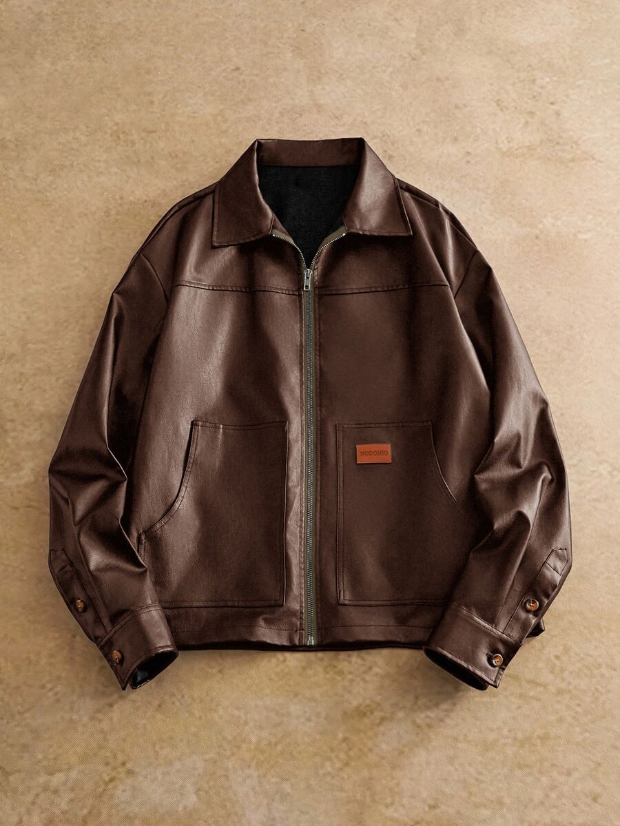 HIMLAND Men's Coffee Brown Western Style Polyurethane Jacket With Collar Long Drop Shoulder Sleeves And Zipper Details Vacation Father's Day Gifts, Spring, Letter, Outdoor - White - View 1
