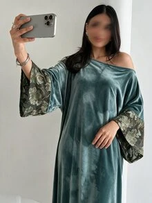 Yasveil 女款綠色植絨長袖拼接花卉直筒優雅浪漫阿拉伯風洋裝 - 綠色 - 查看 3
