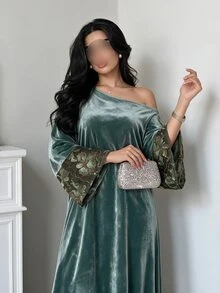 Yasveil 女款綠色植絨長袖拼接花卉直筒優雅浪漫阿拉伯風洋裝 - 綠色 - 查看 7