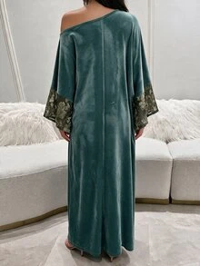 Yasveil 女款綠色植絨長袖拼接花卉直筒優雅浪漫阿拉伯風洋裝 - 綠色 - 查看 2