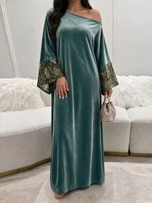 Yasveil 女款綠色植絨長袖拼接花卉直筒優雅浪漫阿拉伯風洋裝 - 綠色 - 查看 9