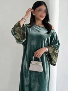 Yasveil 女款綠色植絨長袖拼接花卉直筒優雅浪漫阿拉伯風洋裝 - 綠色 - 查看 5